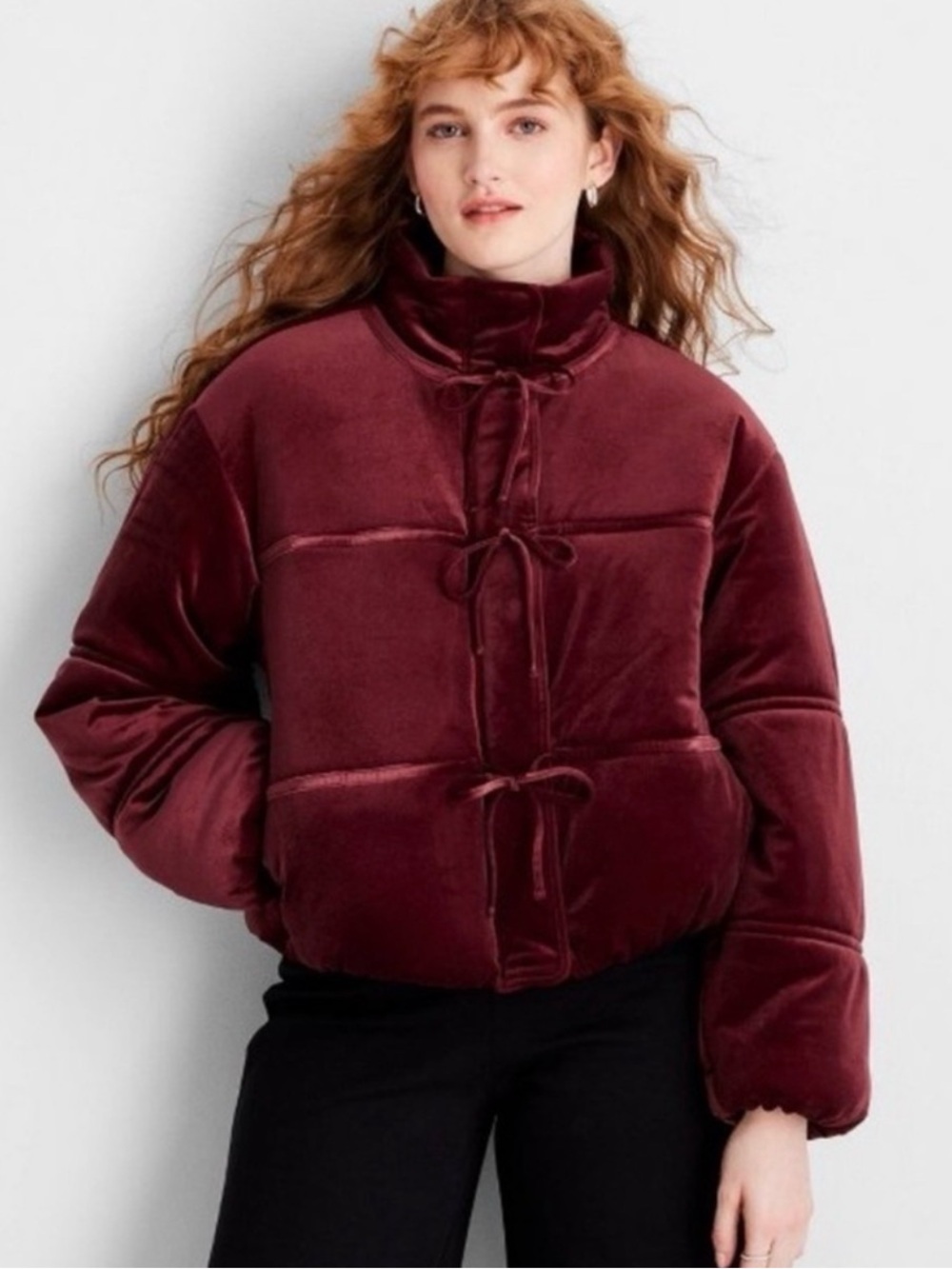 Women's Plush Velvet Puffer Jacket in Deep Burgundy